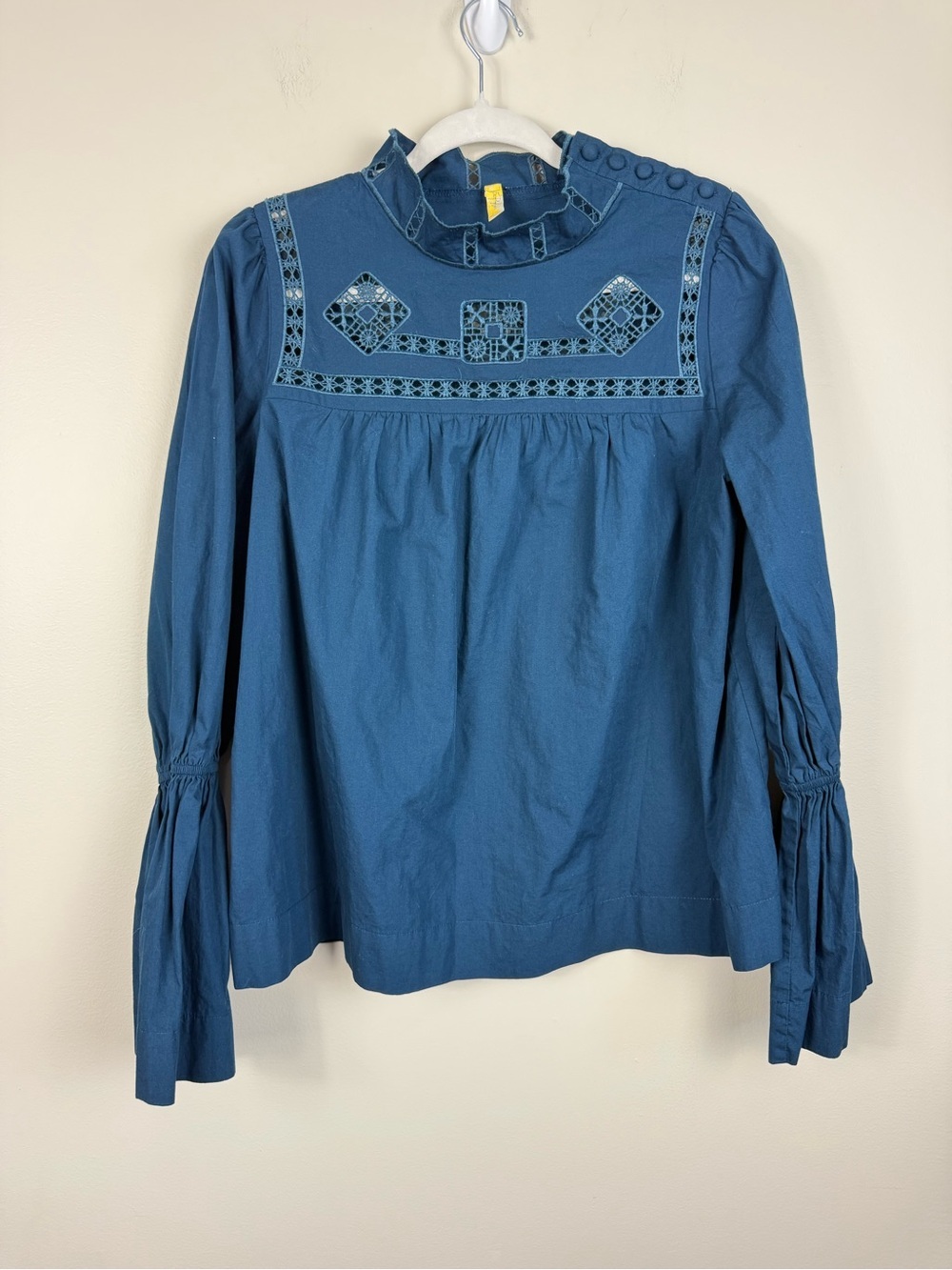 Free People Another Eternity Top Womens Large Blue Teal Embroidered Ruffle Hem